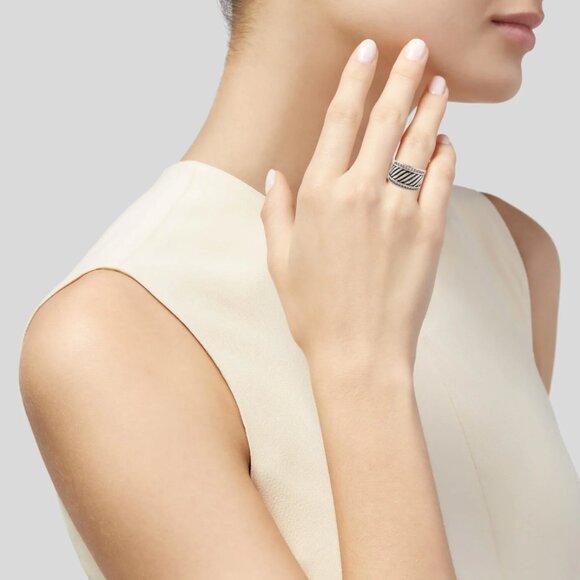 David Yurman 925 Sterling Silver Cable Cigar Band Ring Womens 6 Pave Diamonds - Picture 3 of 14